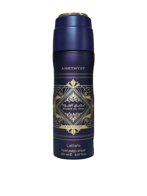 Badee Al Oud Amethyst by Lattafa Perfume Body Spray 200ml in a sleek purple and gold bottle, ideal for men and women seeking a bold, woody scent.