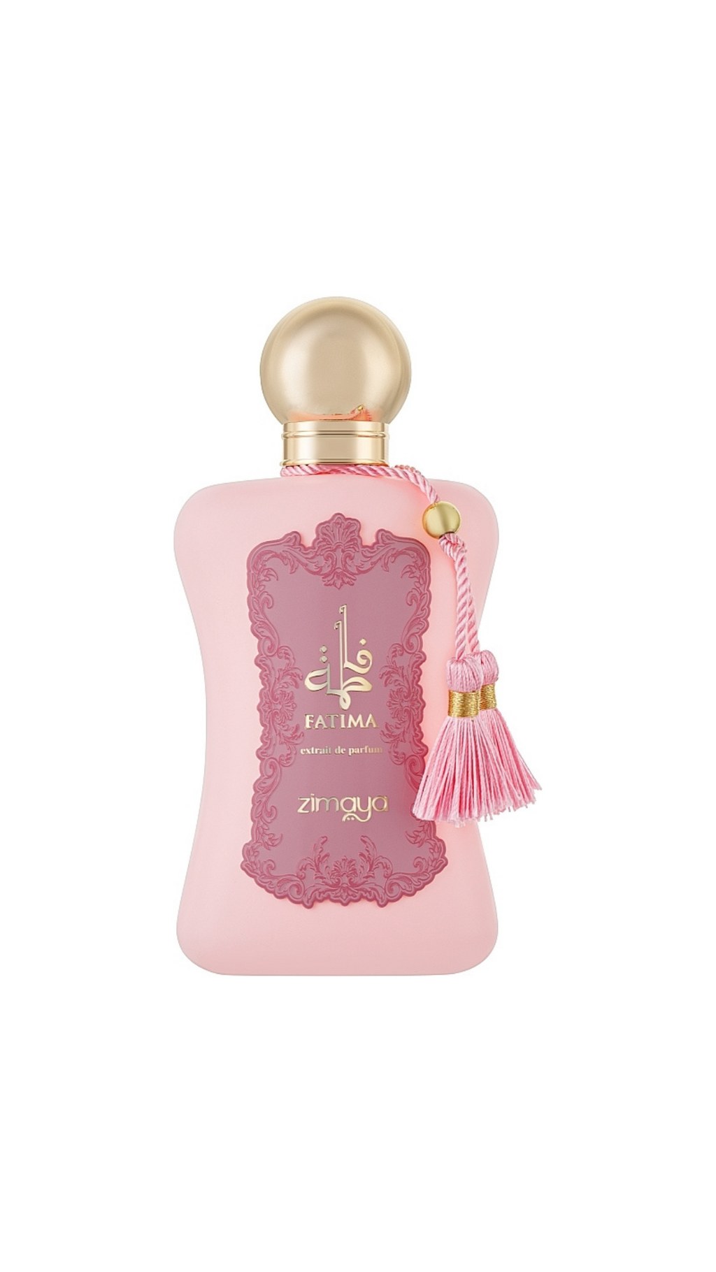 Fatima perfume 100ml EDP by Zimaya in a soft pink bottle with gold cap and tassel, ideal for women seeking a floral and musky summer scent.