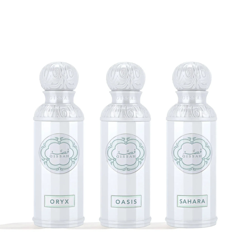 Gissah Soul of Arabia Set of 3x50ml perfumes featuring Oryx, Oasis, and Sahara in elegant white bottles with ornate caps for women.