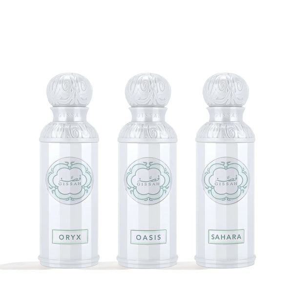 Gissah Soul of Arabia Set of 3x50ml perfumes featuring Oryx, Oasis, and Sahara in elegant white bottles with ornate caps for women.
