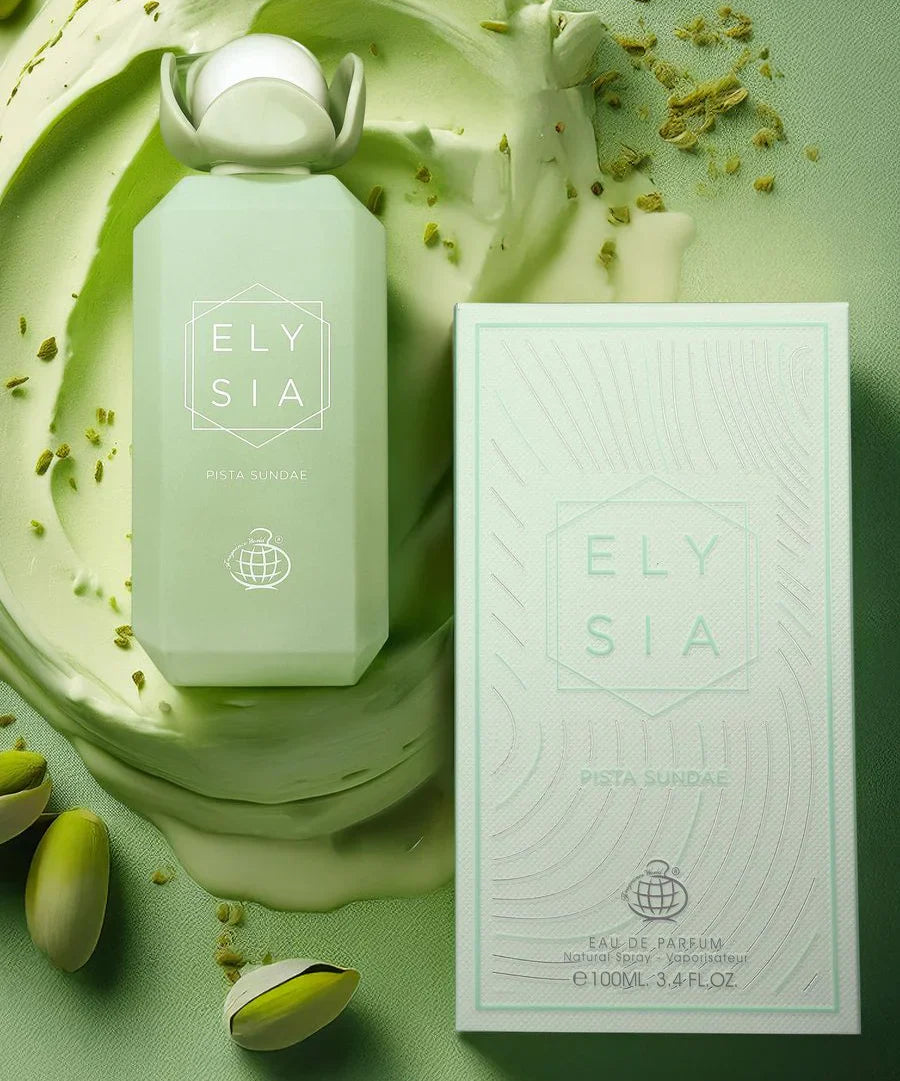 ELYSIA Pista Sundae by Fragrance World 100ml EDP perfume bottle and box in pastel green with pistachios and creamy swirl background. A sweet, unisex summer fragrance.