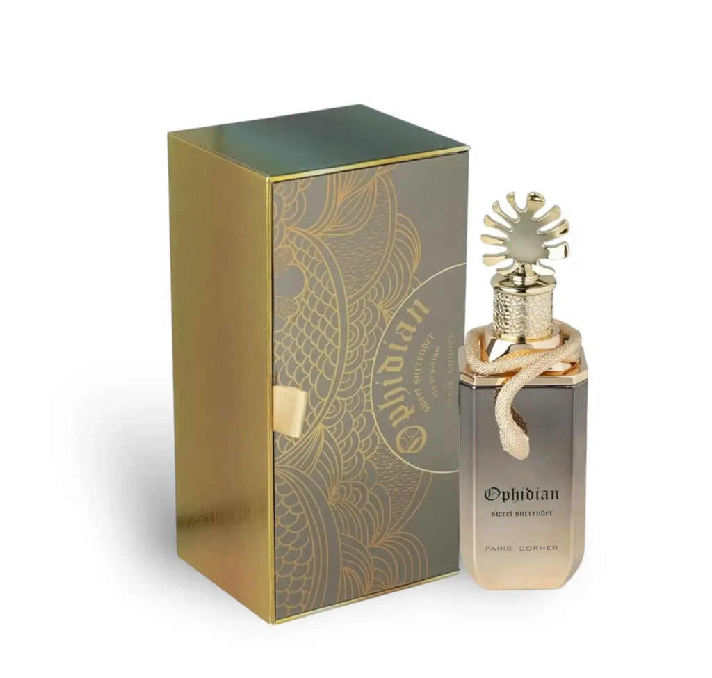 Ophidian Sweet Surrender by Paris Corner 100ml perfume with gold-accented box featuring intricate design, ideal for luxury fragrance lovers.