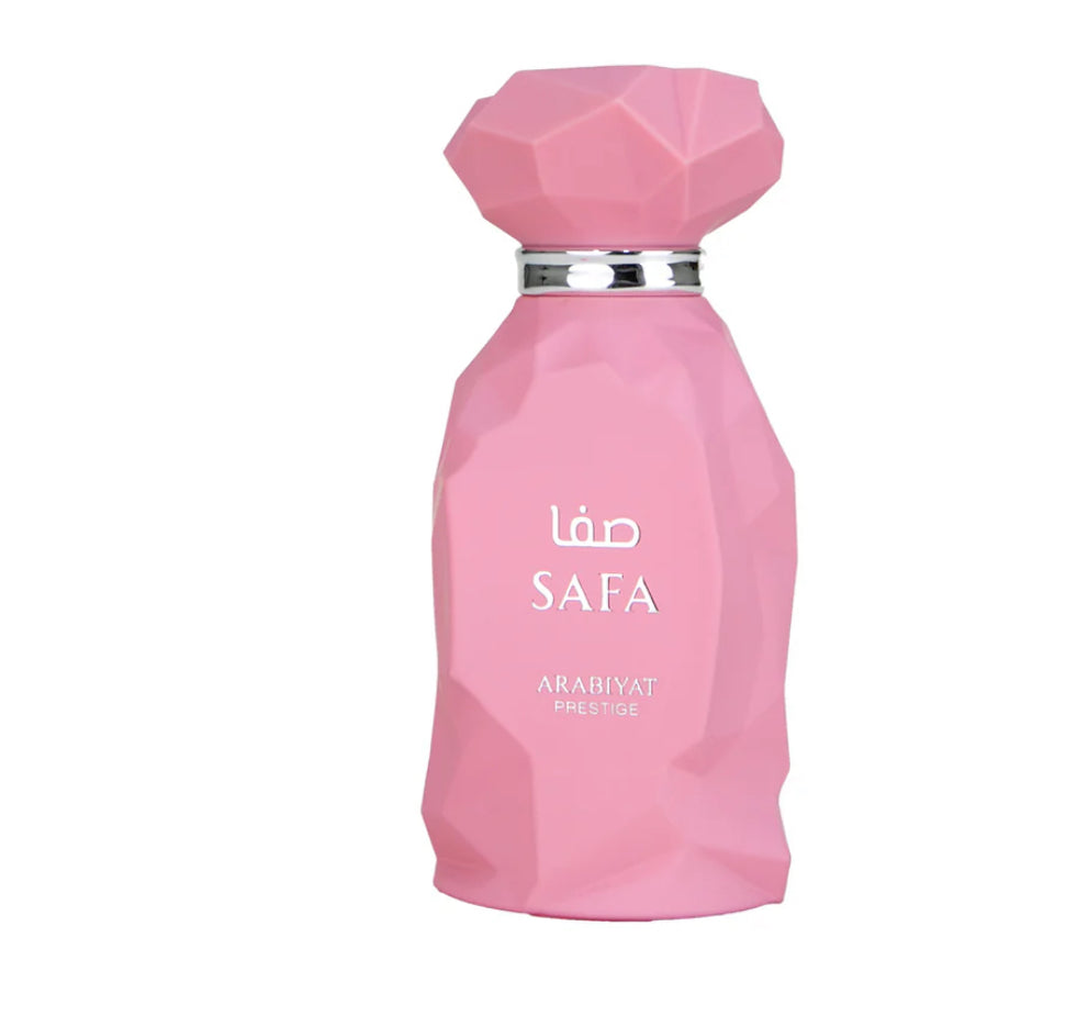 Pink perfume bottle labeled 'Safa' on a white background