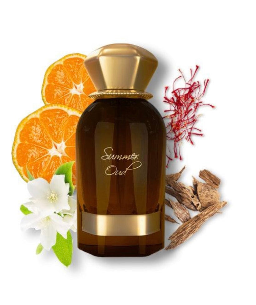 Brown perfume bottle with gold cap surrounded by orange slices, flowers, and spices on a white background