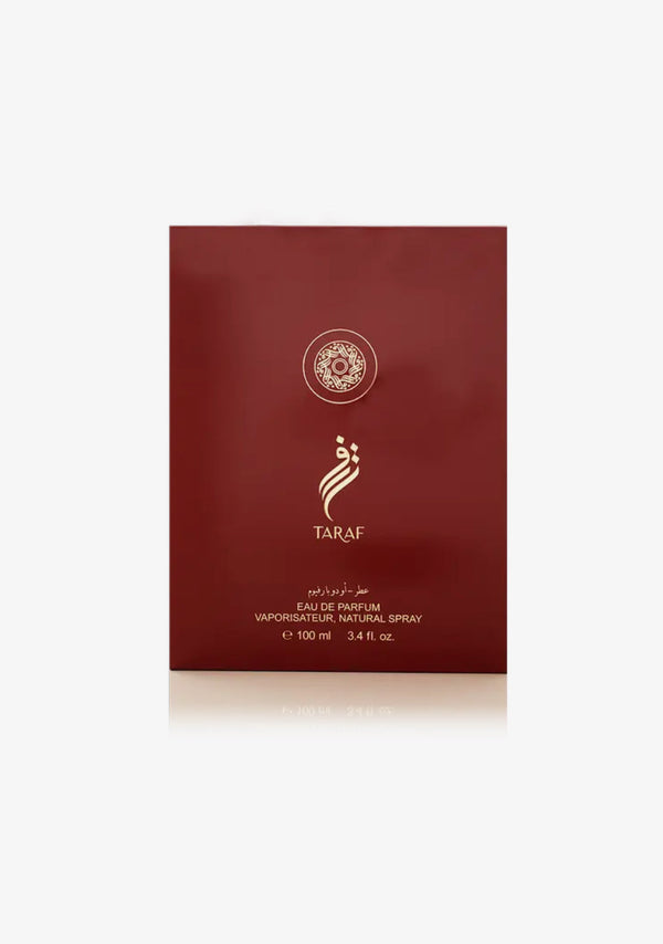 Elegant packaging of Taraf by Arabian Oud Eau de Parfum featuring gold Arabic calligraphy on a deep red box, perfect for gifting.