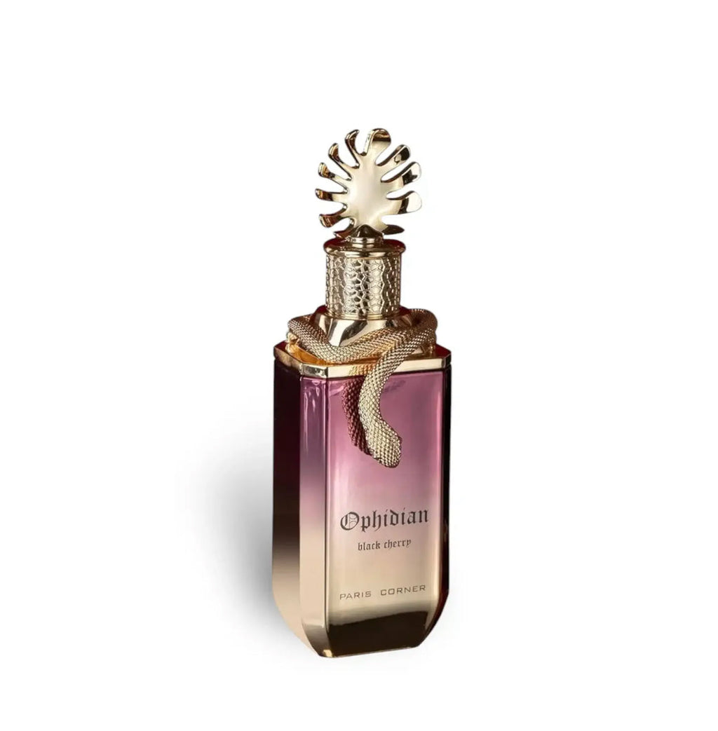 Ophidia Black Cherry by Paris Corner 100ml EDP in a gradient glass bottle with ornate gold cap and snake detail, perfect for gifting.