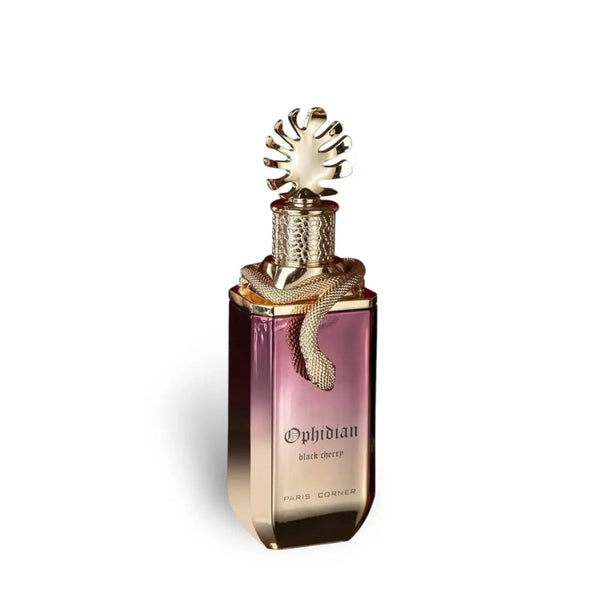 Ophidia Black Cherry by Paris Corner 100ml EDP in a gradient glass bottle with ornate gold cap and snake detail, perfect for gifting.