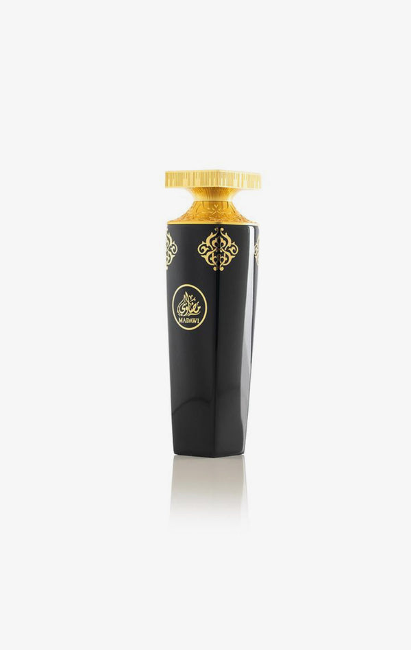 Madawi 200 ml perfume in a sleek black bottle with gold accents, ideal for summer with floral, fruity, and tropical notes.