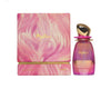Pink and gold perfume bottle with matching packaging on a white background