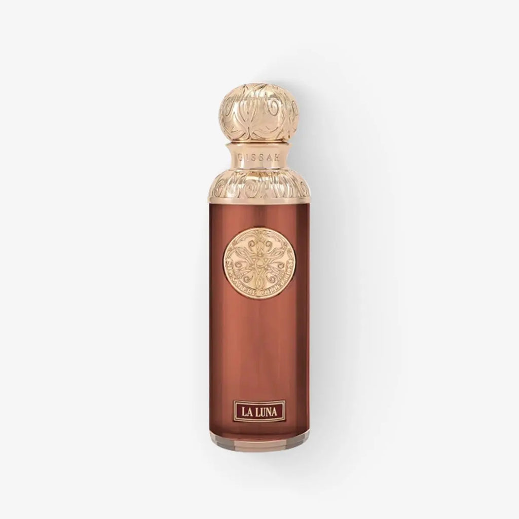 La Luna by GISSAH perfumes 200ml in a luxurious amber bottle with ornate gold cap, ideal for unisex use with fruity and woody summer notes.
