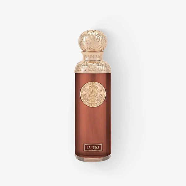 La Luna by GISSAH perfumes 200ml in a luxurious amber bottle with ornate gold cap, ideal for unisex use with fruity and woody summer notes.