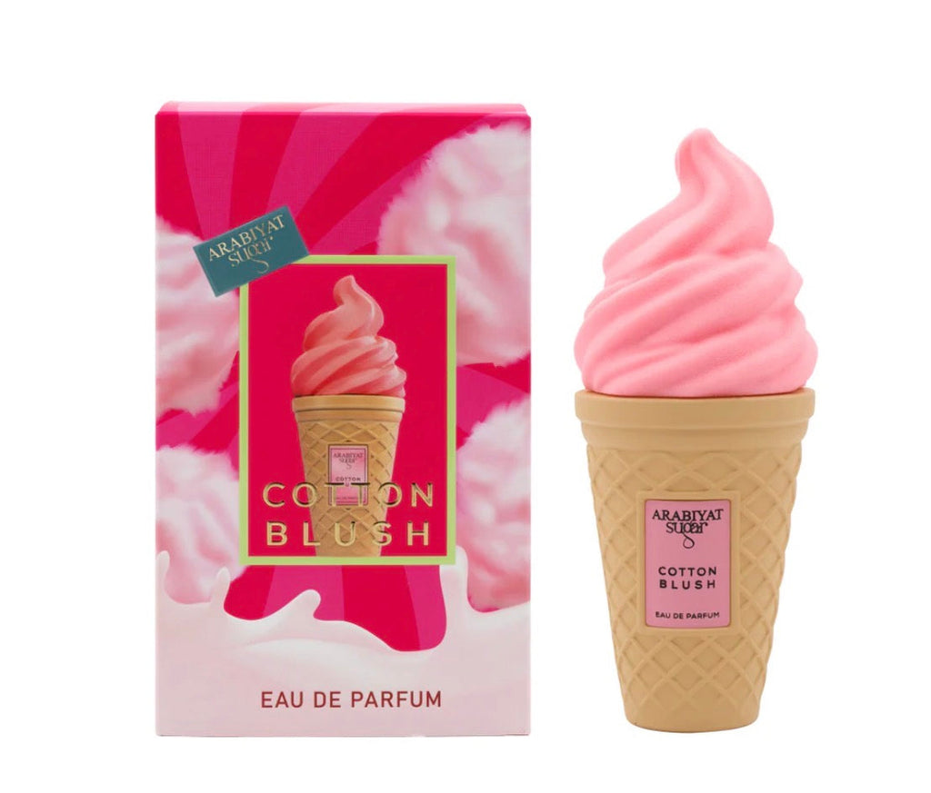Pink ice cream cone-shaped perfume with packaging featuring a pink and red design.