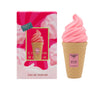Pink ice cream cone-shaped perfume with packaging featuring a pink and red design.
