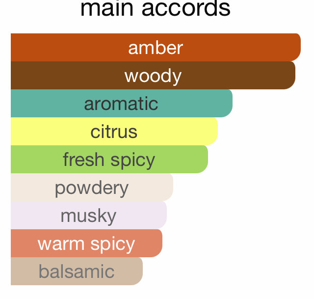 Colorful chart showing main accords of Amber Oud Gold Edition perfume including amber, woody, citrus, fresh spicy, warm spicy