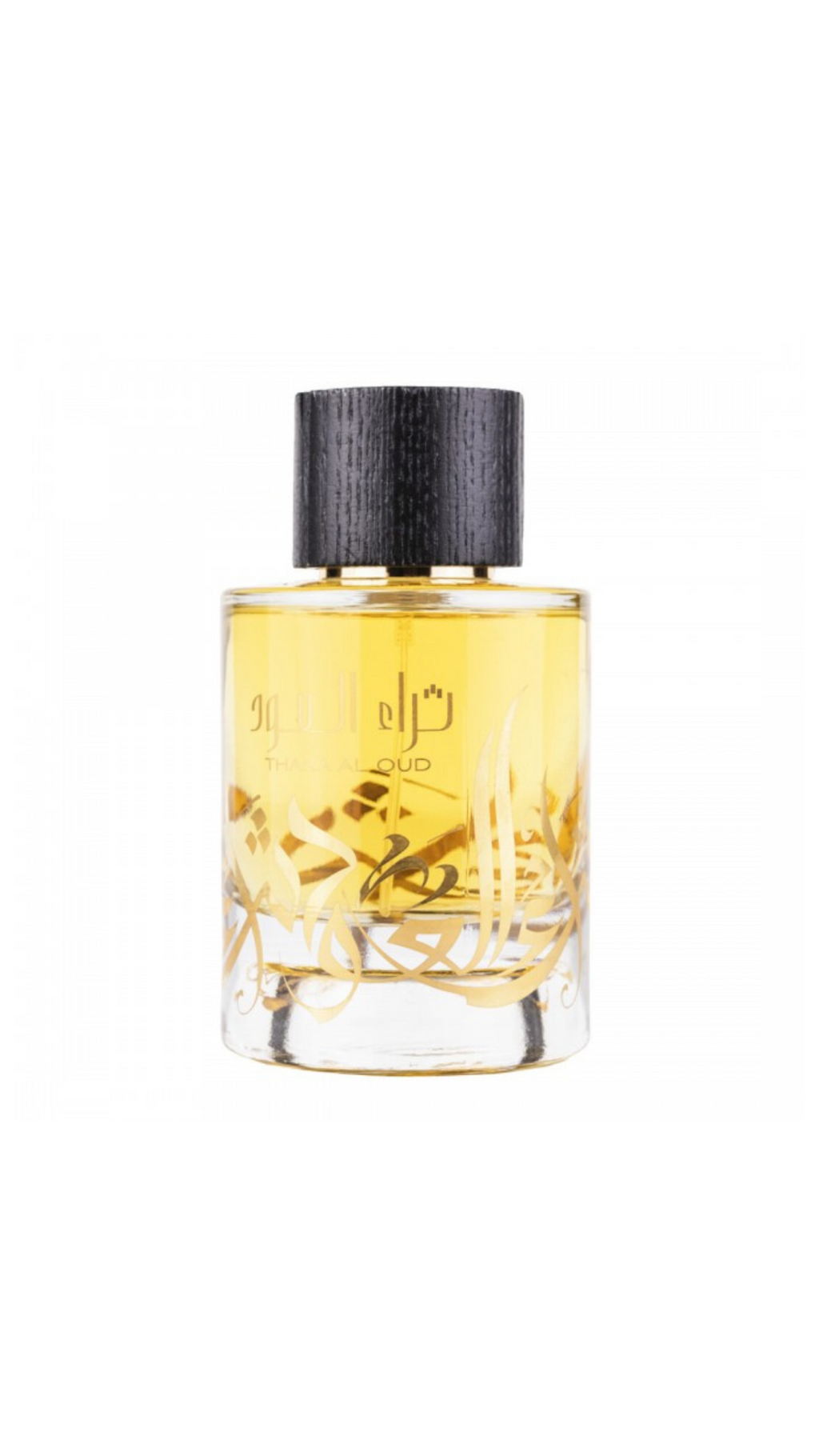 Thara Al Oud perfume bottle with black cap, gold Arabic calligraphy, and yellow liquid, elegant fragrance