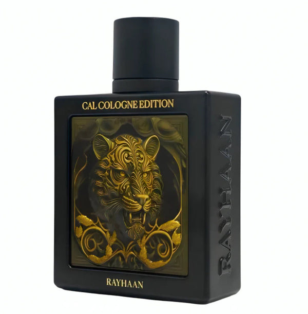 Perfume bottle with gold tiger design on a black background