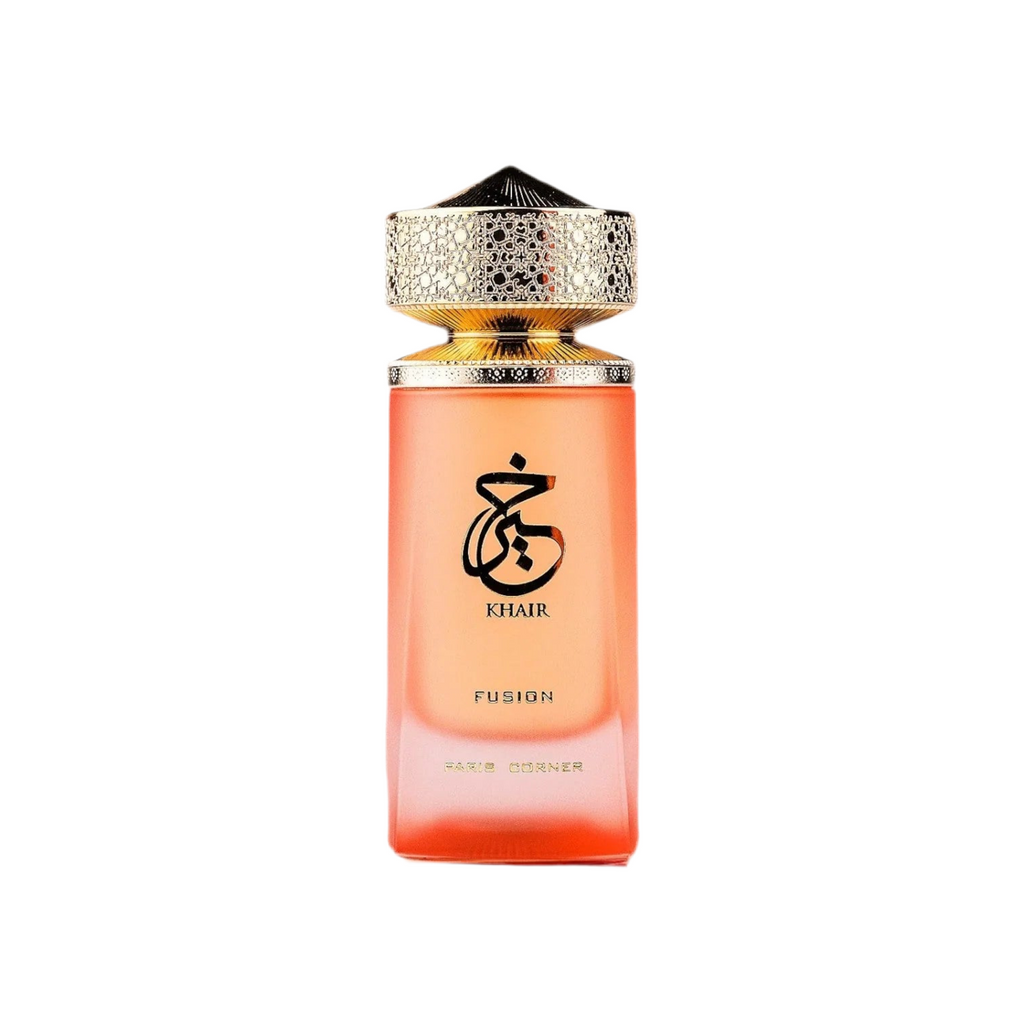 Khair Fusion by Paris Corner 100ML EDP perfume bottle with gold ornate cap, ideal for women seeking a sweet, floral, and tropical summer scent.