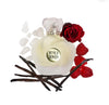 Perfume bottle labeled 'Musk & Roses' with red roses and vanilla beans on a white background