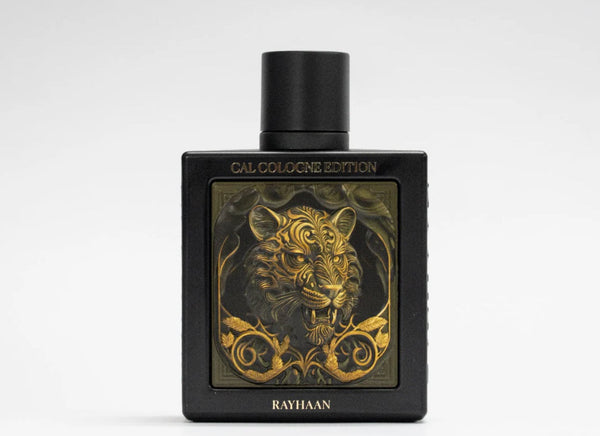 Perfume bottle with tiger design on a white background