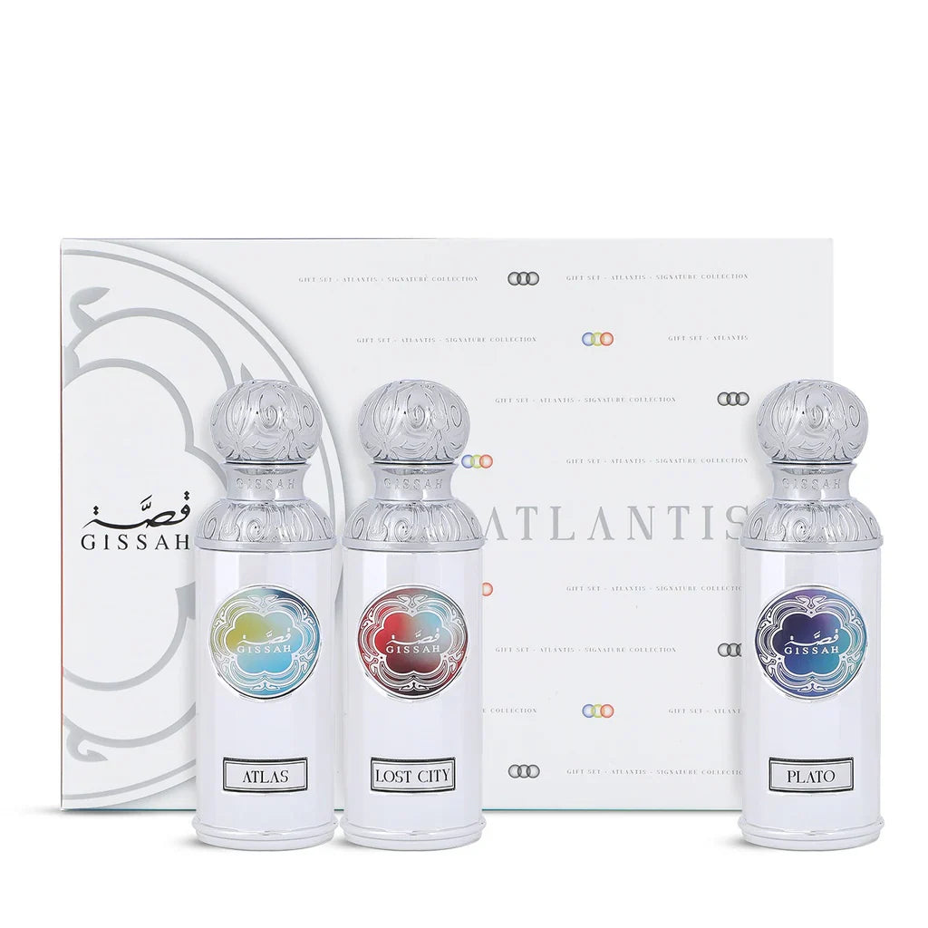 Gissah Atlantis set 3x50ml EDP gift box with Atlas, Plato, and Lost City perfumes, ideal for women who love floral, fruity, and musky scents.