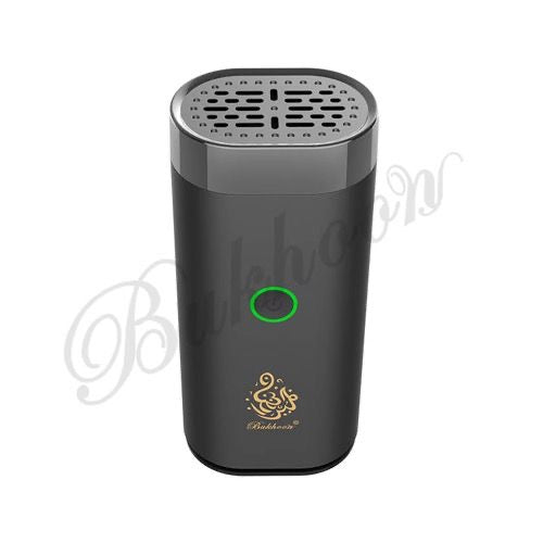 Portable Electric Rechargeable Bakhoor Burner in sleek black with gold Arabic design, ideal for modern home fragrance diffusion.
