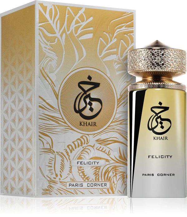 Khair Felicity By Paris Corner 100ml EDP perfume bottle with gold embossed cap and matching luxury box featuring floral and abstract patterns.