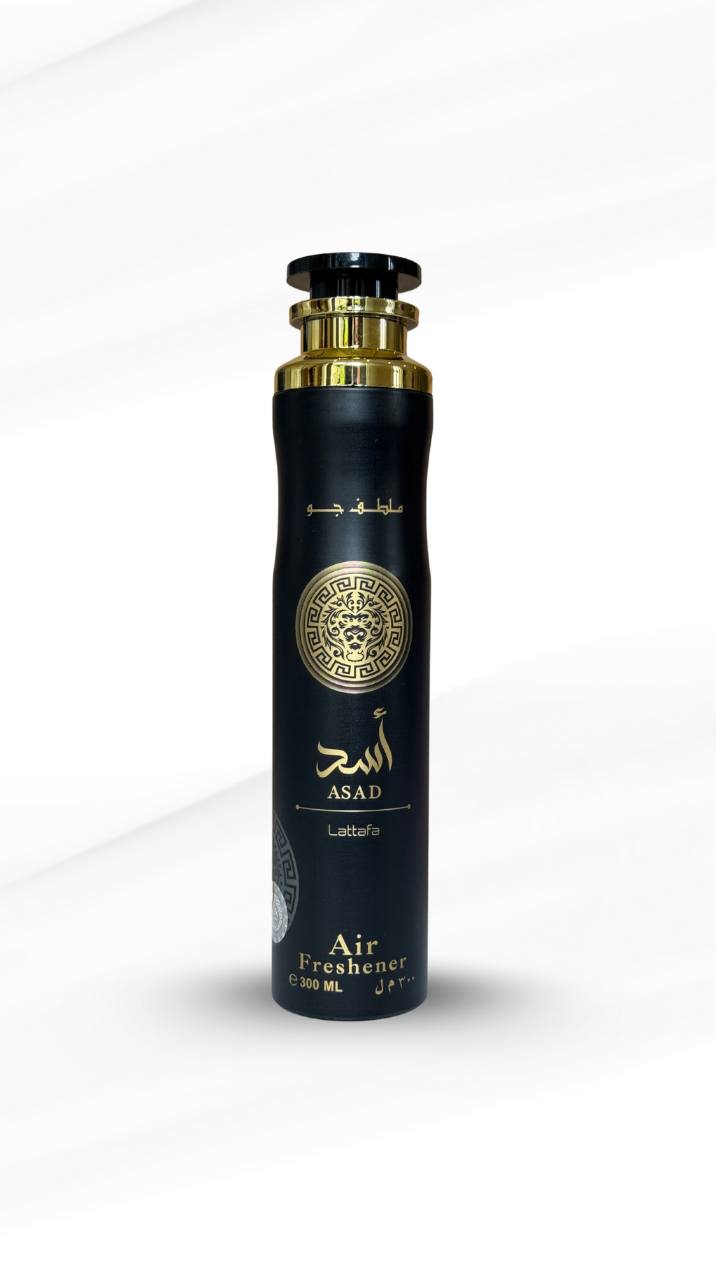 Lattafa Asad Home Air Freshener 300ml in a sleek black and gold spray bottle, ideal for adding a bold, woody scent to living spaces.