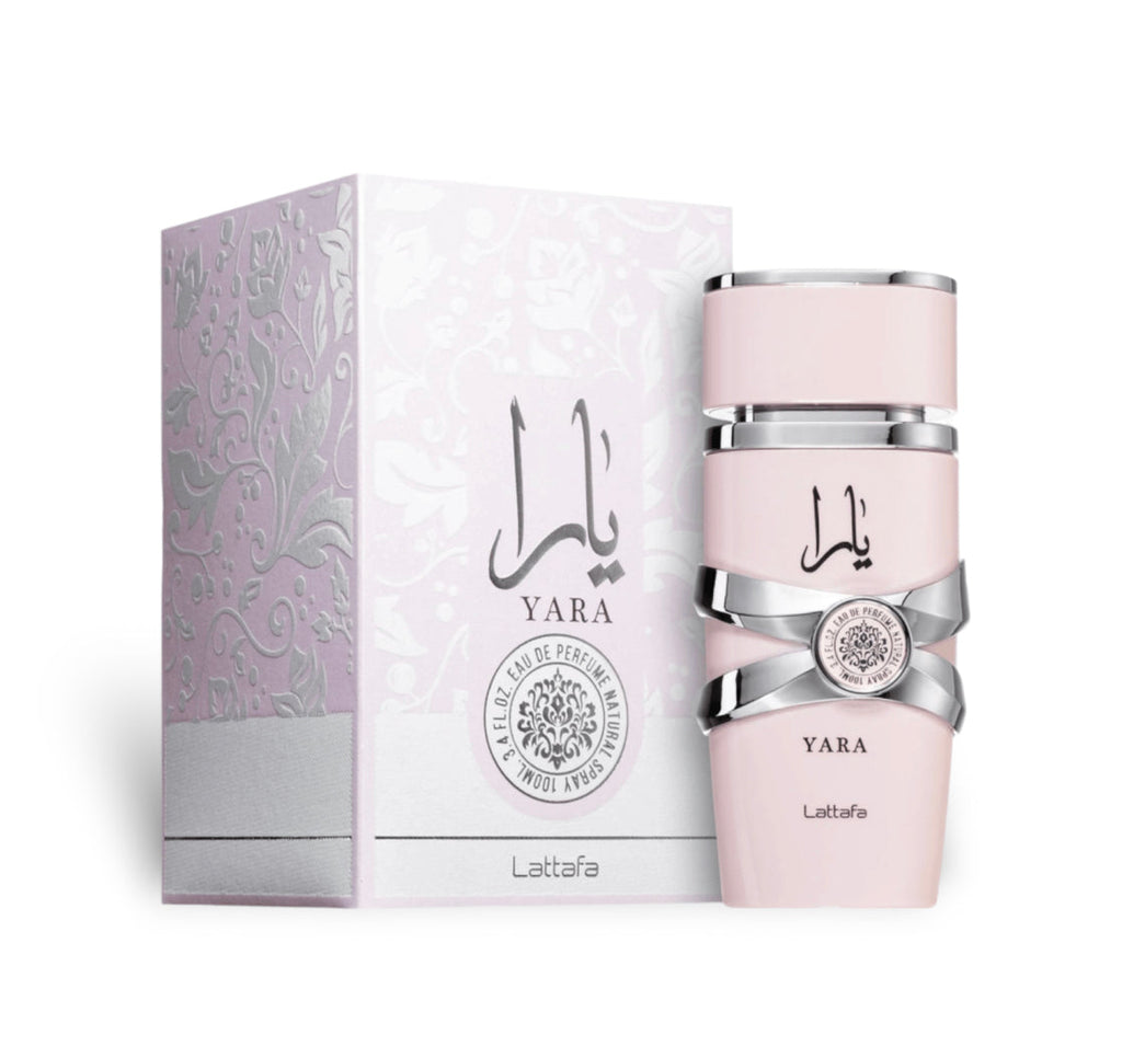 Yara Pink perfume box and bottle with floral pink packaging