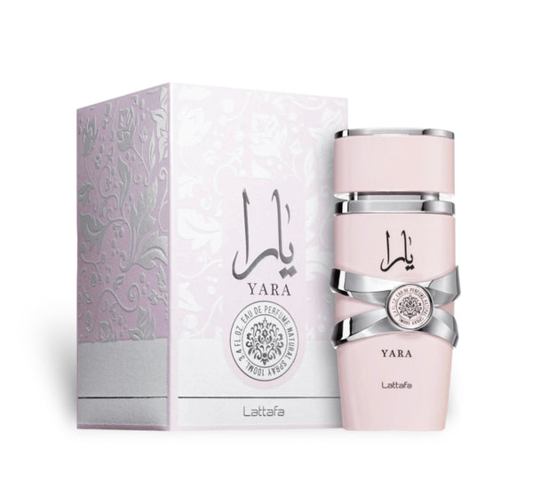 Yara Pink perfume box and bottle with floral pink packaging