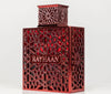 Decorative red bottle with intricate patterns and 'RAYHAAN' branding on a white background