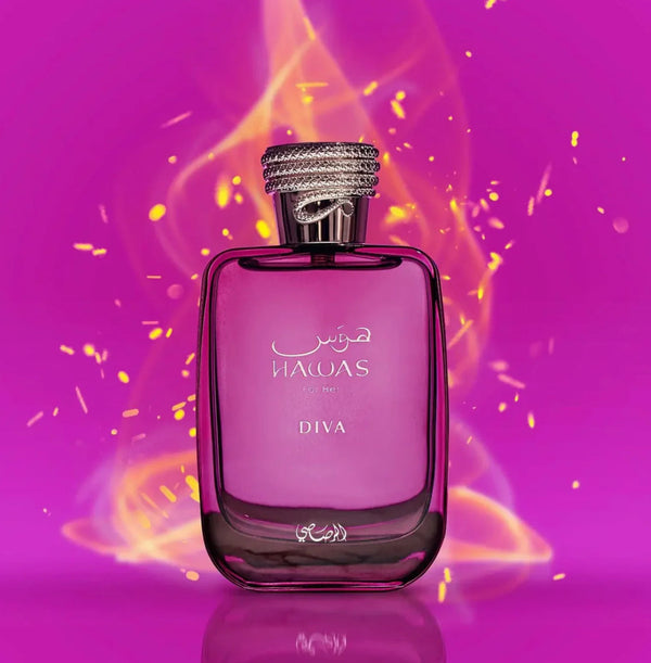 Pink perfume bottle with 'HARAS' branding on a vibrant pink background