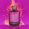 Pink perfume bottle with 'HARAS' branding on a vibrant pink background