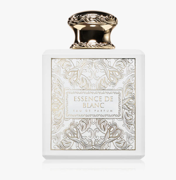 Perfume bottle labeled 'Essence de Blanc' with intricate design on a white background
