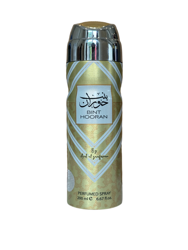 Bint Hooran by Ard Al Zaafaran perfumed body spray 200ml in gold and silver canister, ideal for women seeking a warm, floral and sweet fragrance.