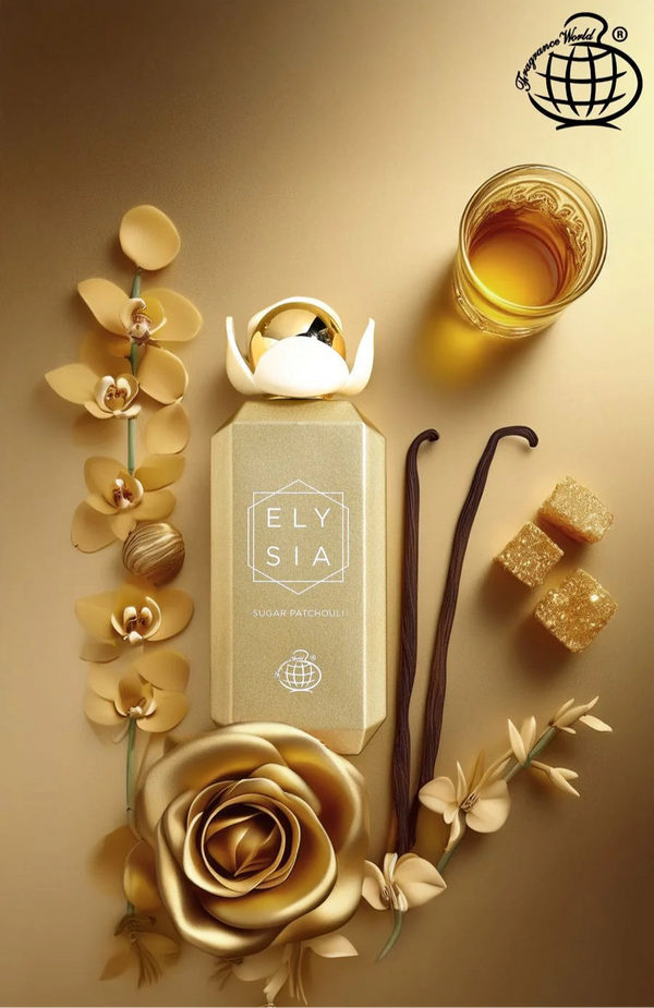 ELYSIA Sugar Patchouli by Fragrance World 100ml EDP perfume bottle surrounded by vanilla pods, sugar cubes, golden rose, and amber liquid on a gold background.