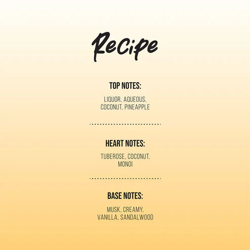 Fragrance notes chart for Tahiti Colada By Gulf Orchid 100ml EDP showing top notes of coconut and pineapple, heart of tuberose, and creamy vanilla base.