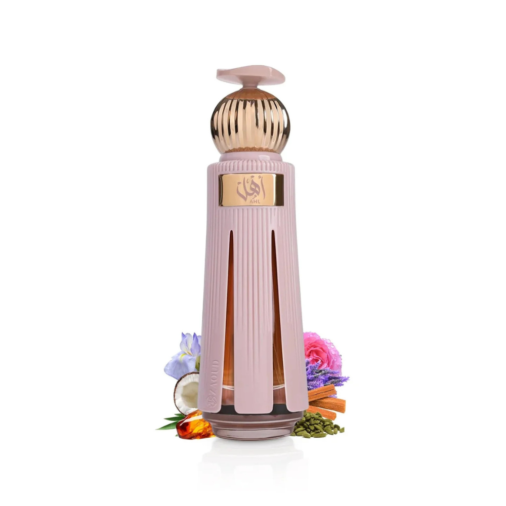 Ahmed Al Maghribi Ahl Extrait de Parfum 60ML in elegant pink bottle with floral and woody ingredients like rose, coconut, and sandalwood.
