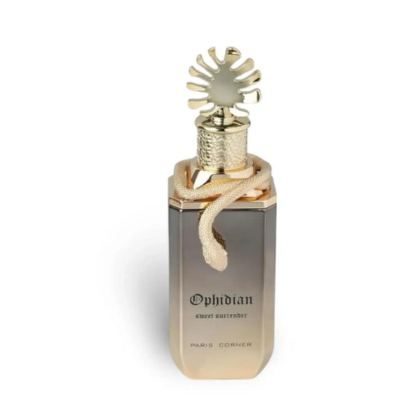 Ophidian Sweet Surrender by Paris Corner 100ml eau de parfum bottle with ornate gold cap and rope detail, perfect for sweet and musky scent fans.