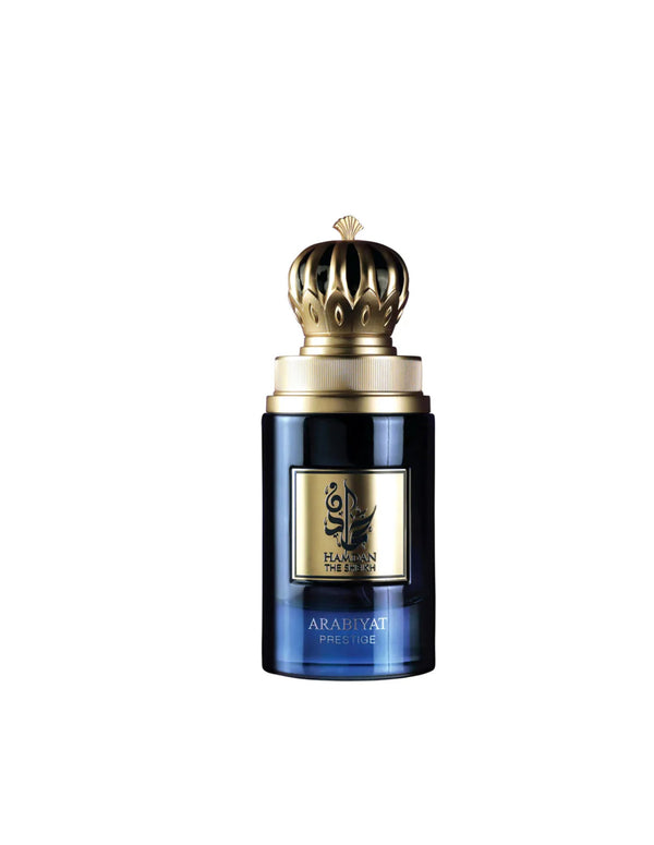 Perfume bottle with gold cap on a white background