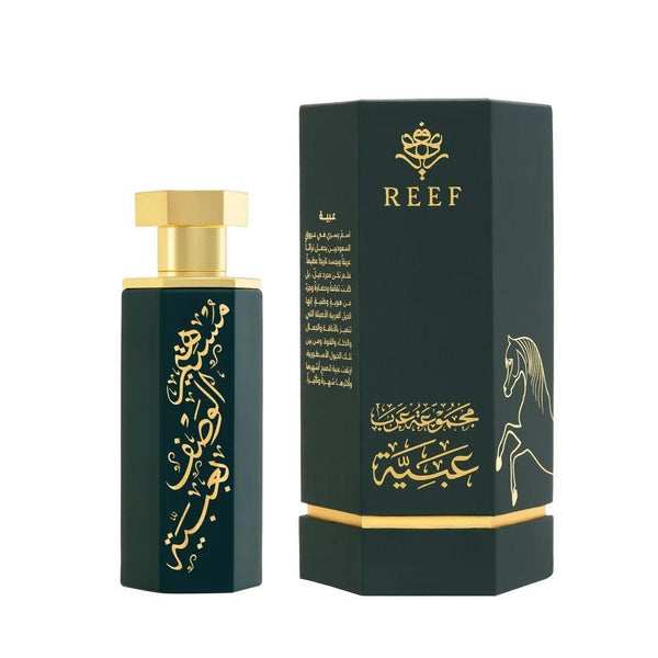 REEF Arabs of Obaya 100ml EDP perfume in a sleek dark green bottle with gold Arabic calligraphy, paired with a matching box featuring a horse illustration.