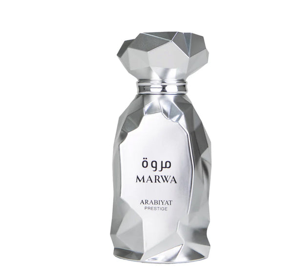 Silver perfume bottle with 'Marwa' branding on a white background