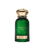 Green perfume bottle with gold cap and 'Ignite Oud' text on a white background