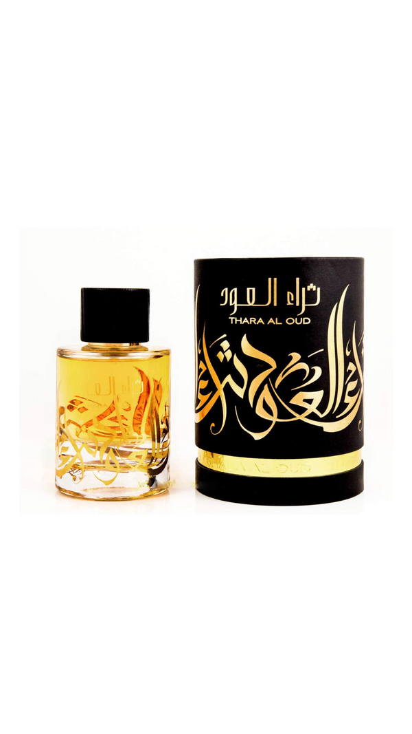 Thara Al Oud perfume with black packaging, gold Arabic script, and matching bottle, luxurious scent