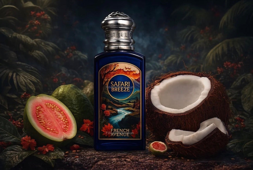 Safari Breeze perfume bottle with tropical fruits on a dark background