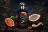 Safari Breeze perfume bottle with tropical fruits on a dark background