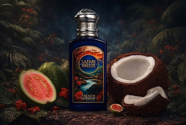 Safari Breeze perfume bottle with tropical fruits on a dark background