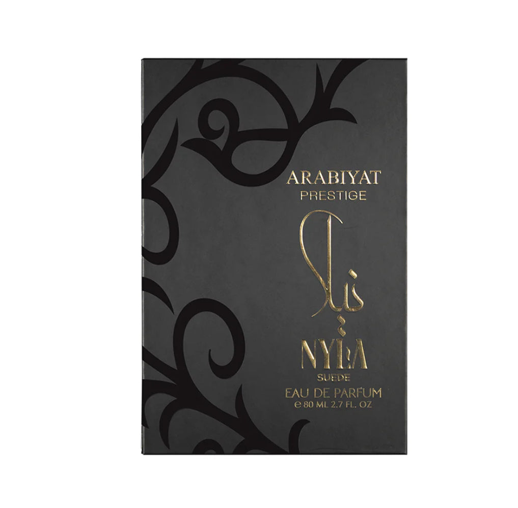 Arabiyat Prestige Nyla Suede perfume box in matte black with gold accents, showcasing a bold and creamy 80ml Eau de Parfum for men and women.