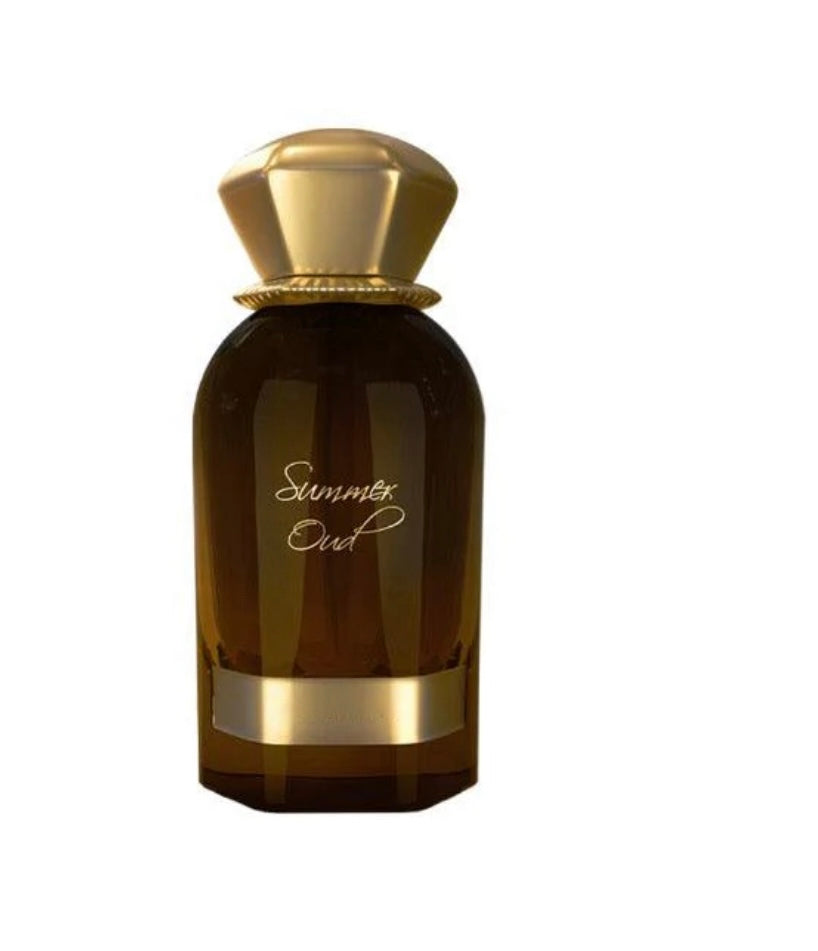 Brown perfume bottle with gold cap on a white background