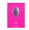 Pink perfume box with silver logo and text on a white background