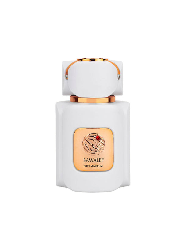 Oud Maktum by Swiss Arabian 80ml EDP in a sleek white bottle with gold accents, ideal for luxury fragrance lovers in the perfumes category.